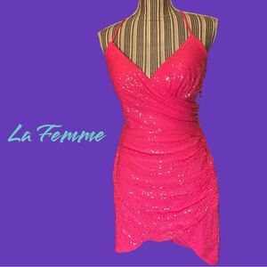 NWT La Femme sequin tie back dress. Never worn. Sz 8. Striking, Hot pink.